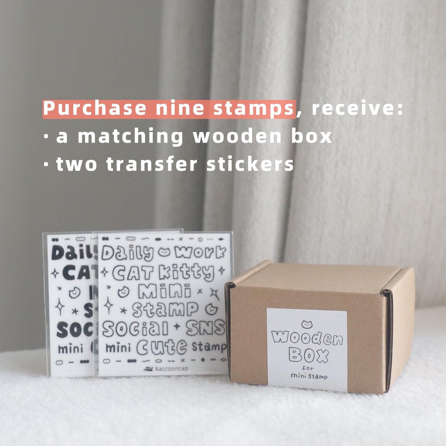Cat Lover / Daily Work / Social Media Wooden Rubber Stamps , Nine-compartment wooden box