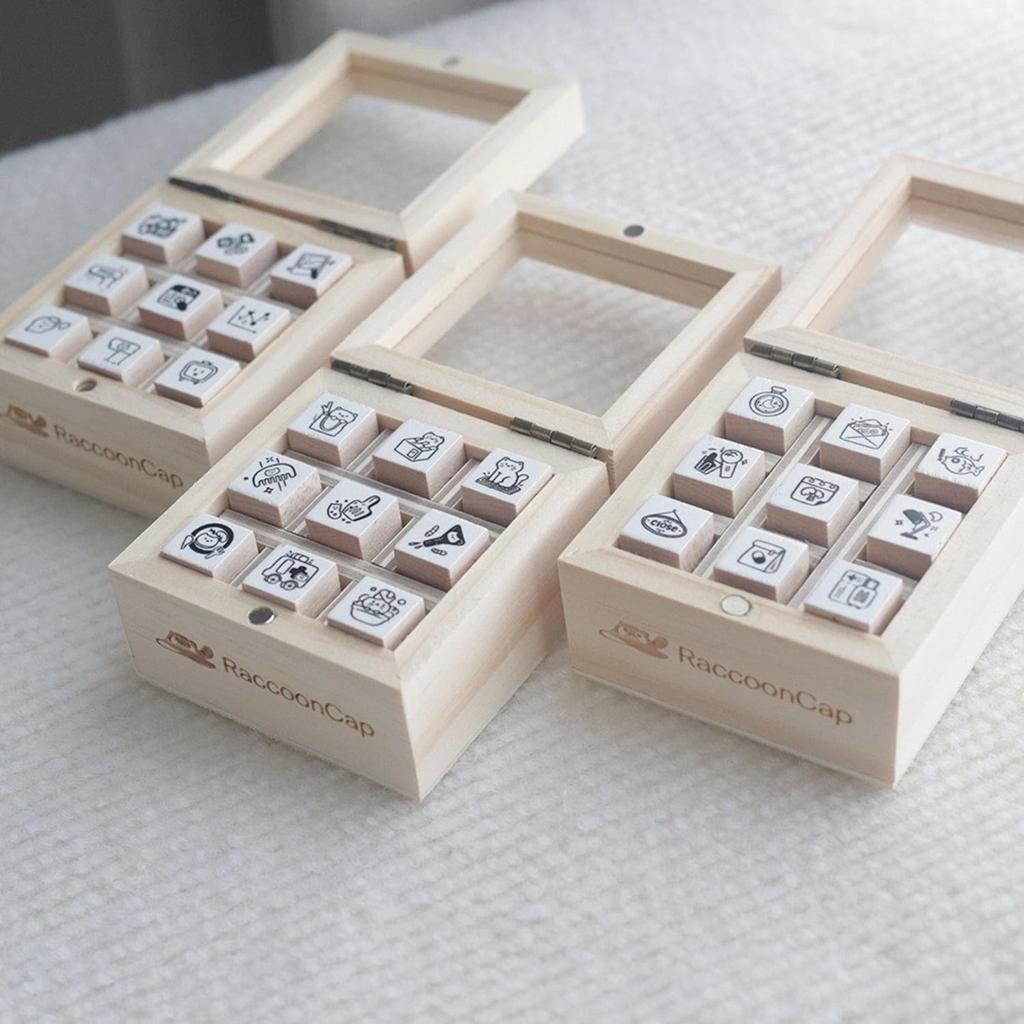 Cat Lover / Daily Work / Social Media Wooden Rubber Stamps , Nine-compartment wooden box