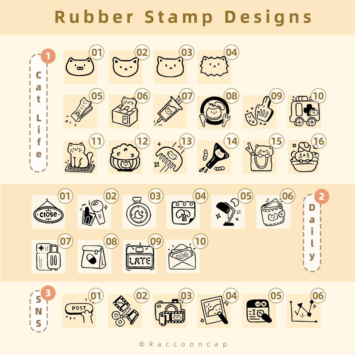 Cat Lover / Daily Work / Social Media Wooden Rubber Stamps , Nine-compartment wooden box