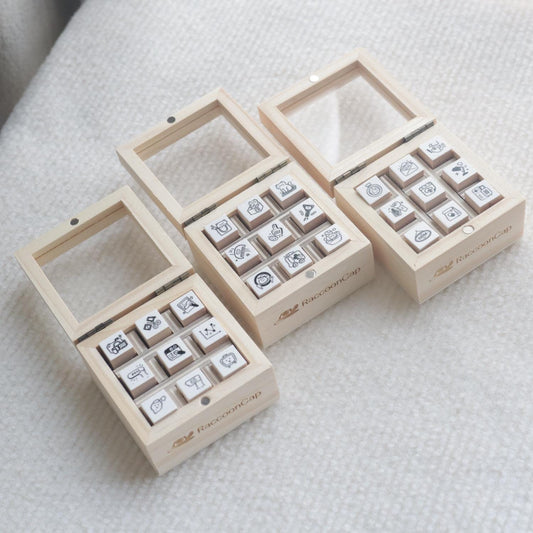 Cat Lover / Daily Work / Social Media Wooden Rubber Stamps , Nine-compartment wooden box